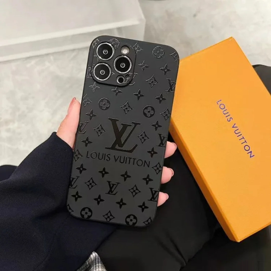 Matte black iPhone case with embossed Louis Vuitton logo in black  luxury mobile cover with camera protection for iphone 16 pro case