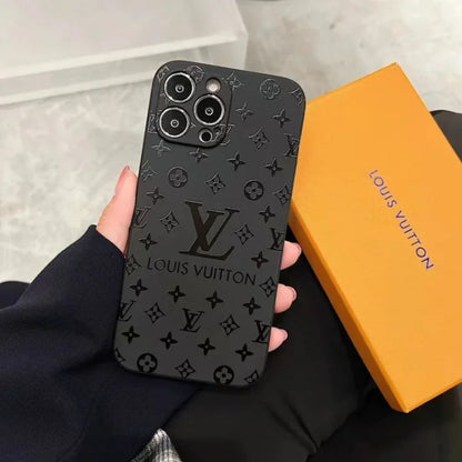 Matte black iPhone case with embossed Louis Vuitton logo in black  luxury mobile cover with camera protection for iphone 16 pro case