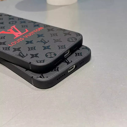 Side view of two luxury designer iPhone covers stacked iphone 16 pro case showcasing sleek cutouts and logo texture.