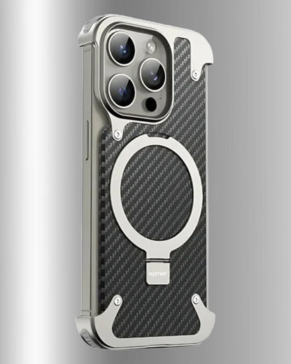 Magnetic iPhone cover with carbon fiber texture, reinforced metal frame, and shockproof corner bumpers for rugged protection for 15 pro max cover