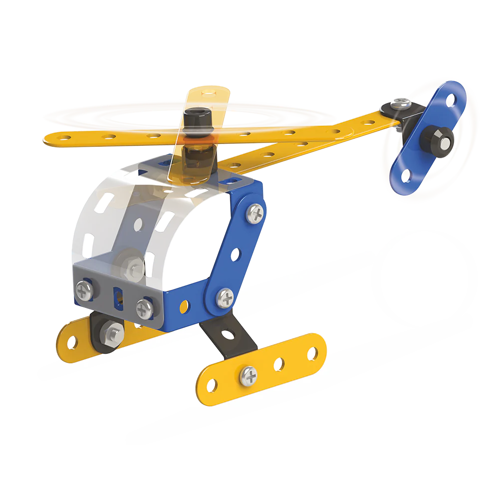 A vibrant toy helicopter with striking blue and yellow combination, designed for fun and creativity.