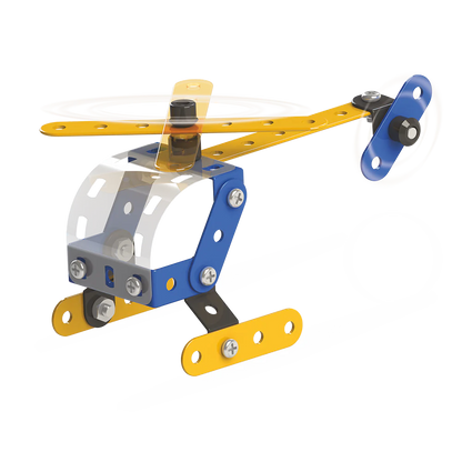  A vibrant toy helicopter with striking blue and yellow combination, designed for fun and creativity.