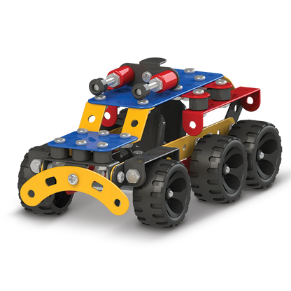 A vibrant toy car displayed made with metal components and rubber tyres for creative building.