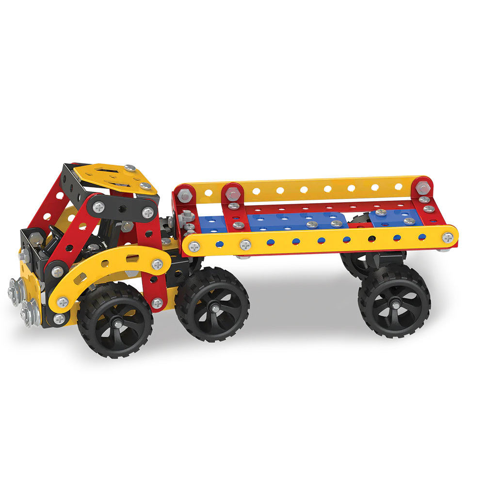 A toy truck made with metal parts , showcasing a playful engineering theme for children.

