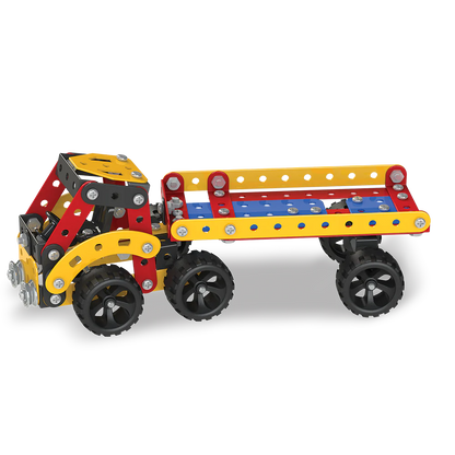 A toy truck made with metal parts , showcasing a playful engineering theme for children.

