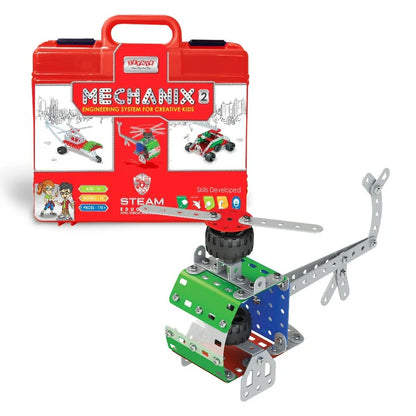 A toy helicopter sits inside an open box, showcasing its bright colors and detailed design