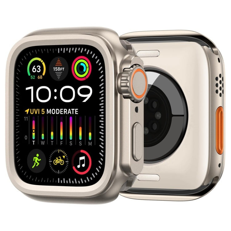  Front and back view of the Apple Watch Ultra style metal cover in a glossy silver finish with orange crown detail