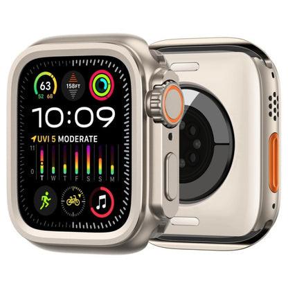  Front and back view of the Apple Watch Ultra style metal cover in a glossy silver finish with orange crown detail
