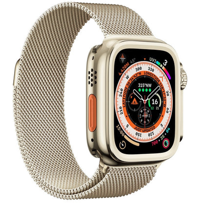 Side view of the Apple Watch wrapped in a silver tone rugged bumper with a gold mesh band, ideal for both casual and formal use