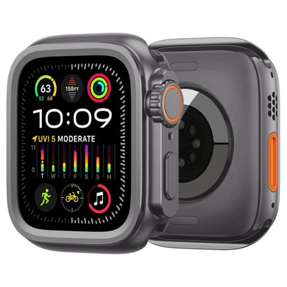 Close up view of a smart Apple Watch fitted with a rugged metal bumper case, showcasing a durable and stylish protective design
