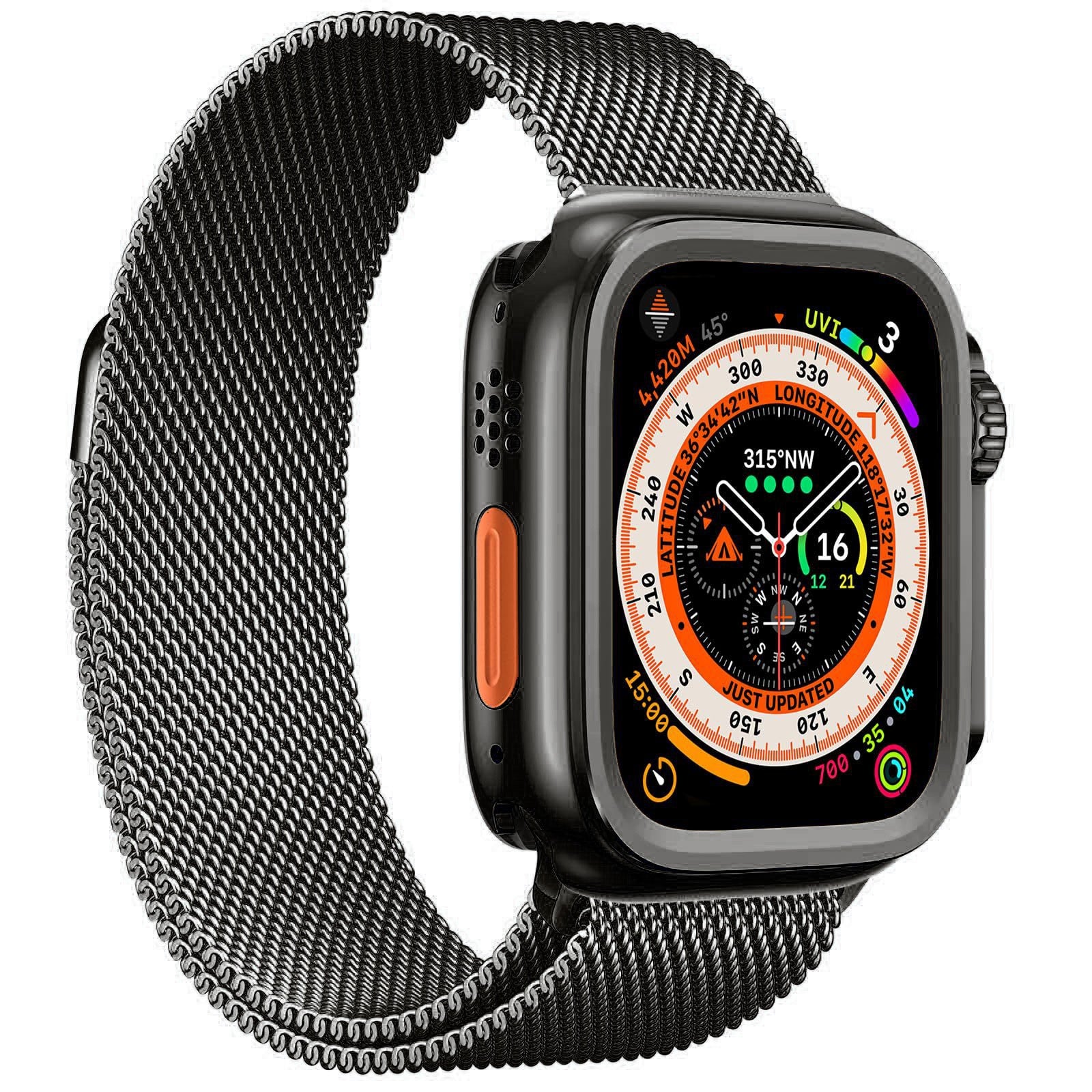 Apple Watch with a black metallic bumper case and mesh strap, combining a sleek look with strong wrist support