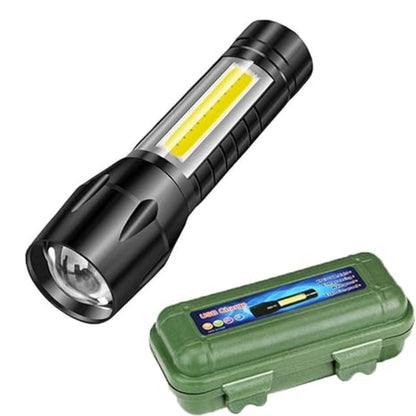 Close up view of a black rechargeable LED flashlight alongside a green protective storage box.