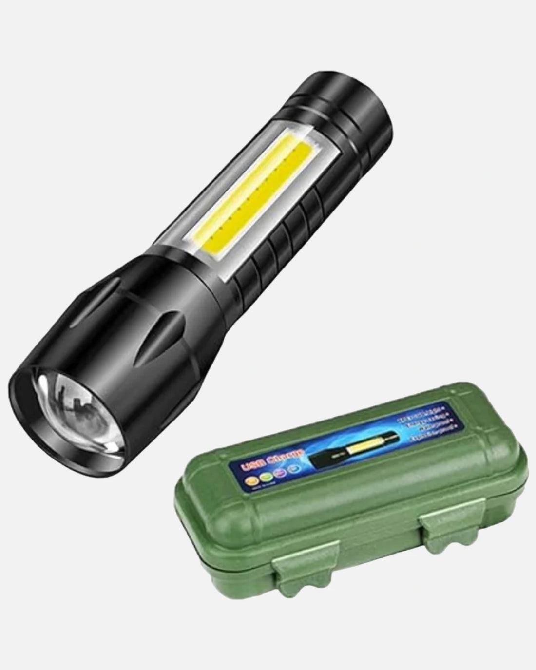 Close up view of a black rechargeable LED flashlight alongside a green protective storage box.