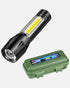 Close up view of a black rechargeable LED flashlight alongside a green protective storage box.
