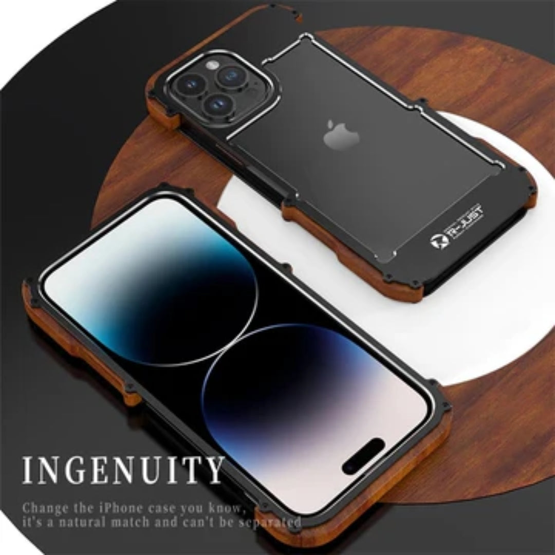  iPhone case combining stylish design and practicality, iphone 15 pro max cover displayed on a wooden and black round base