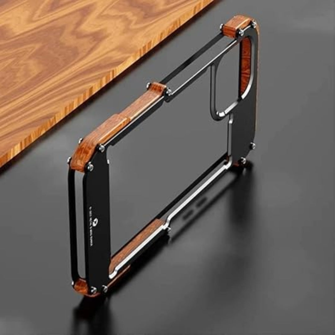 Side profile of the empty iPhone bumper case highlighting the clear back panel and wood finished corner guards for iphone 15 pro max cover 
