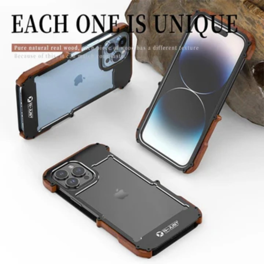 Trio of uniquely crafted iPhone covers with wood textured edges and transparent backs, iphone 15 pro max cover emphasizing their one of a kind look