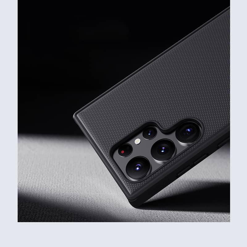 Close up of s24 ultra cases india with matte black Nillkin case highlighting camera module protection.