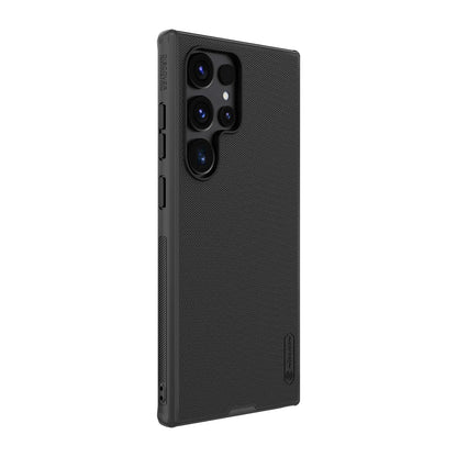Black matte Nillkin Super Frosted Shield Pro case fitted on s24 ultra cases india, showcasing precise camera cutouts.
