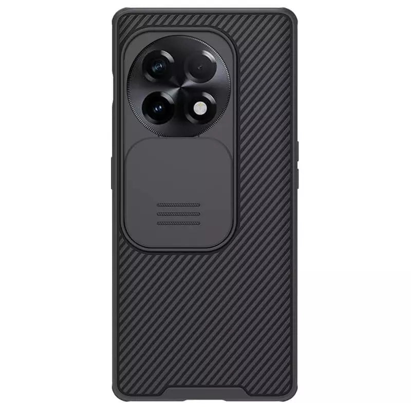 A black carbon textured mobile cover with a sliding camera protector designed for OnePlus 11R