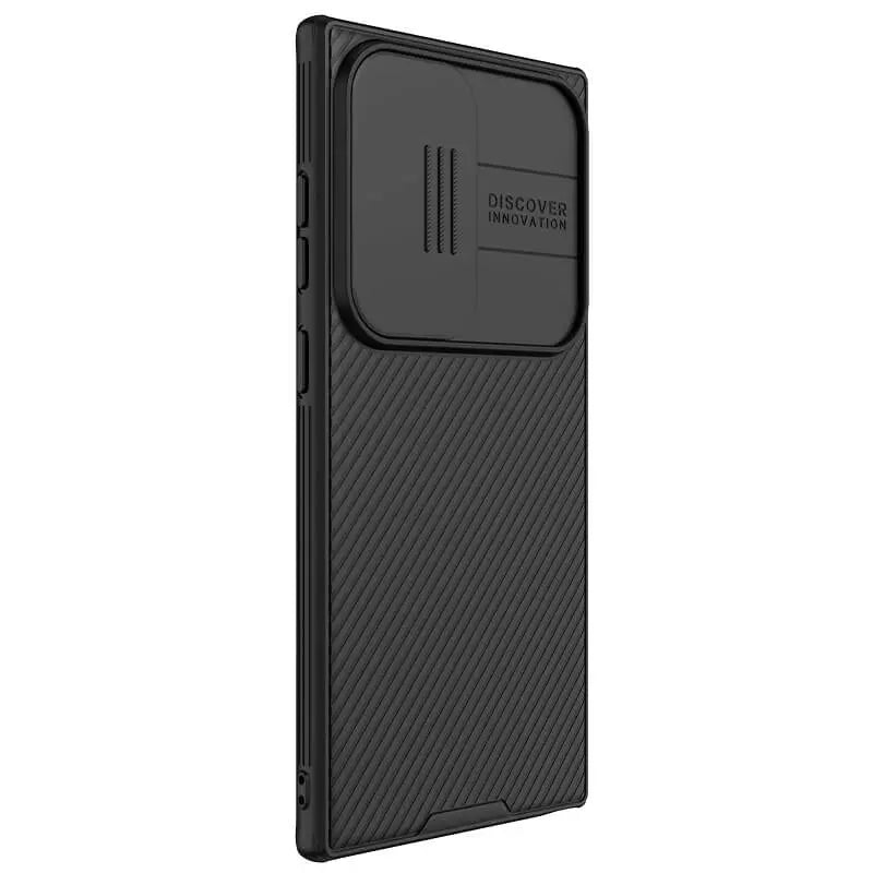 Slim black samsung cover with ridged grip and a sliding camera protector, s24 ultra cases india offering a sleek modern look.