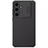 s24 ultra cases india featuring a vertical triple camera layout and protective sliding lens cover, finished in a black carbon fiber texture