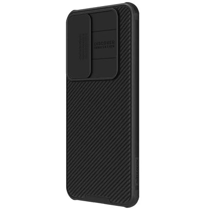 Angled view of the samsung case displaying the sturdy sliding cover design and smooth textured back in matte black finish for s24 ultra cases india