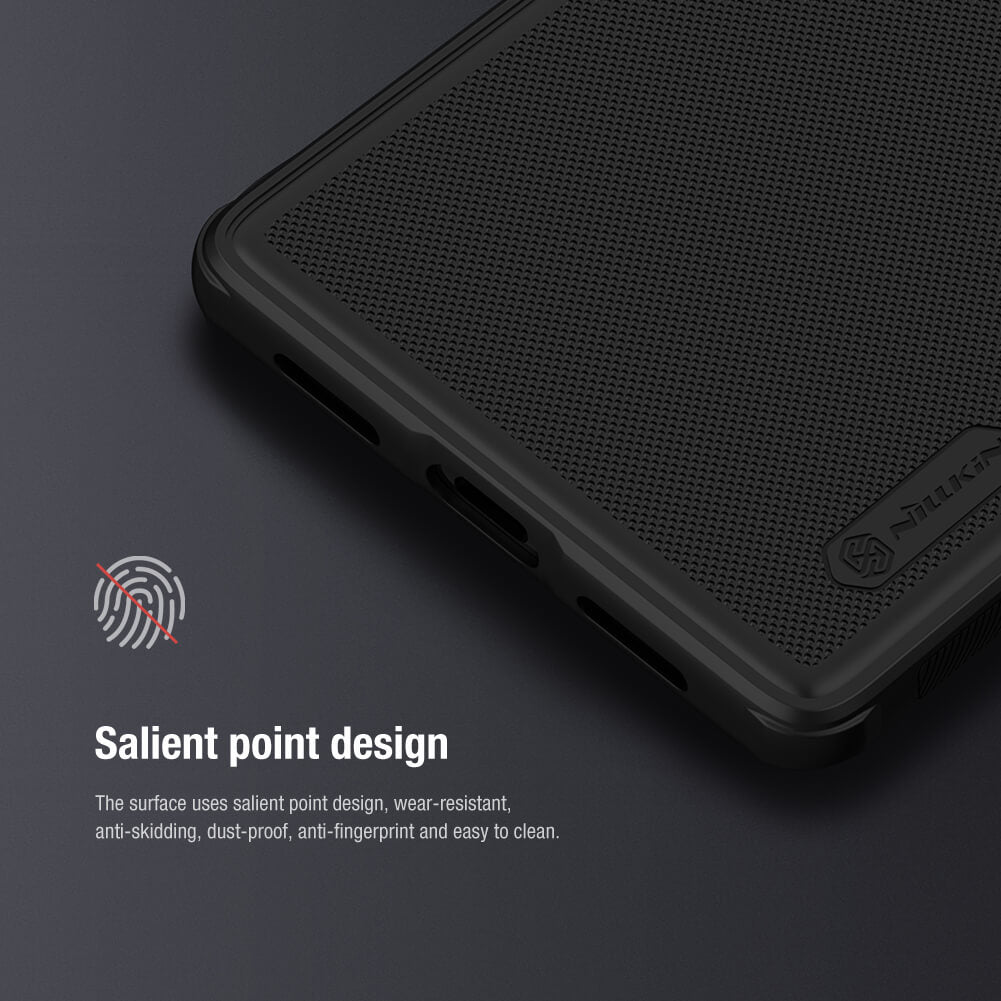 Close up view of a black matte finish Google Pixel 7 Pro case featuring a salient point texture for anti slip grip and fingerprint resistance