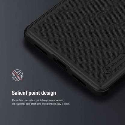 Close up view of a black matte finish Google Pixel 7 Pro case featuring a salient point texture for anti slip grip and fingerprint resistance