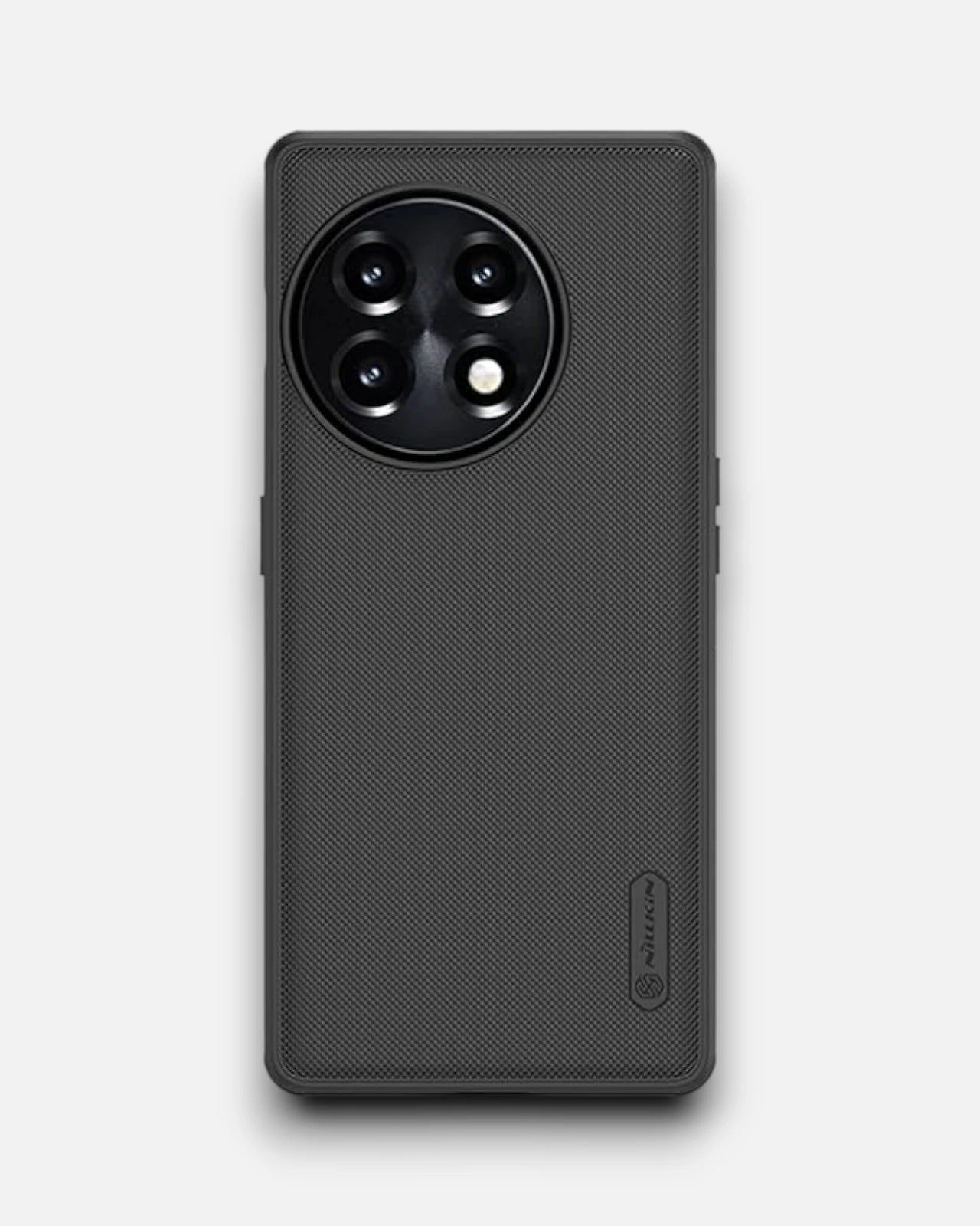 Rear view of a matte black mobile cover for OnePlus 11R with precise camera cutout and smooth finish