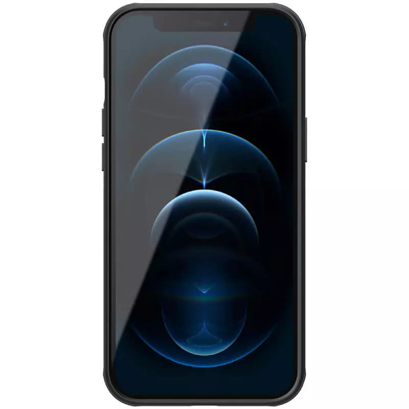 apple cover Front display view of iphone 12 cover in a matte black Nillkin cover slim fit Apple cover with full screen protection