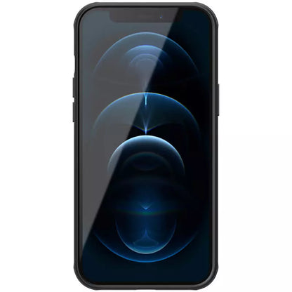apple cover Front display view of iphone 12 cover in a matte black Nillkin cover slim fit Apple cover with full screen protection