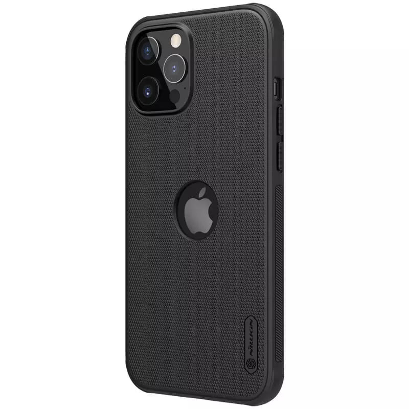 Sleek matte black iPhone cover by Nillkin, iphone 12 cover featuring a textured finish, precise Apple logo cutout, and raised camera bump for extra lens protection
