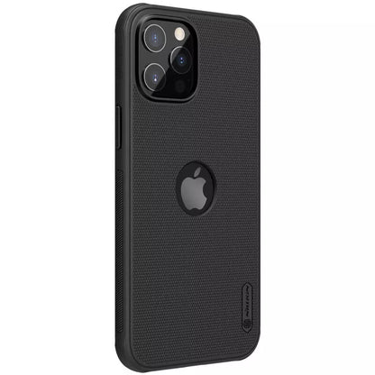 Angled rear view of iPhone with black Nillkin iphone case for iphone 12 cover showing dual camera cutout minimalistic and durable mobile cover