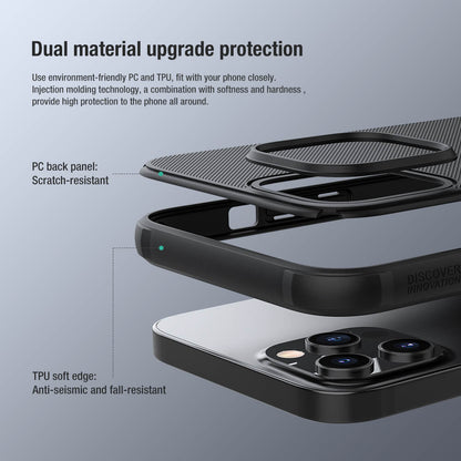 Layered breakdown of Nillkin Super Frosted Shield iphone case, iphone 12 cover showing dual material construction with hard PC and soft TPU edge