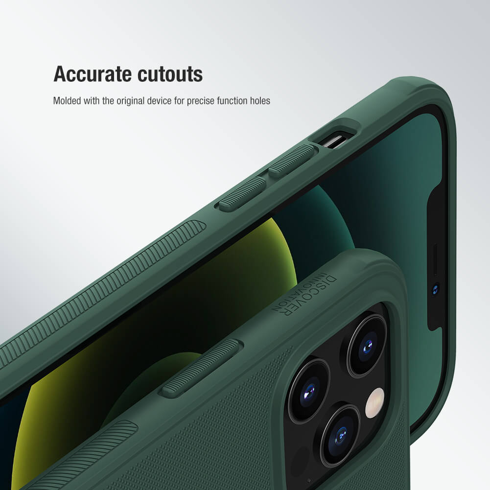 Green Nillkin iPhone case for iphone 12 cover highlighting precise button and camera cutouts Apple cover with ergonomic button response
