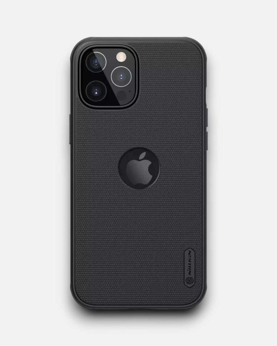 Flat rear view of Nillkin black iPhone case for iphone 12 cover with Apple logo super slim and minimal iPhone cover design