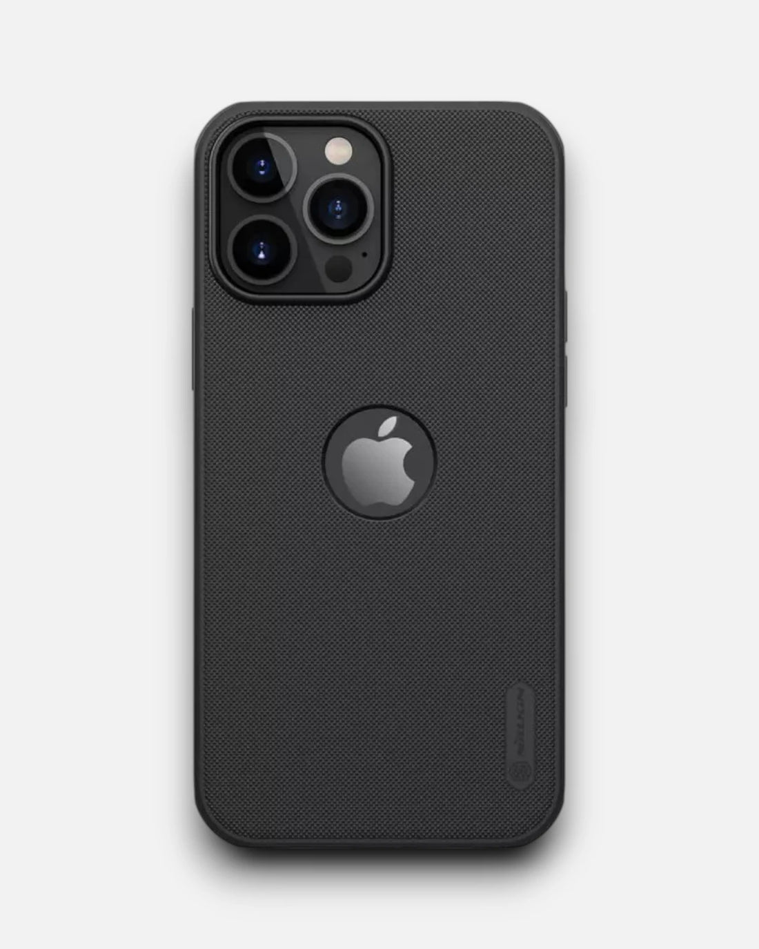 A close up of a Dark Gray iPhone cover Nilkin super Frosted Shield Pro matte Case for an iphone 13 covers featuring a precise cutouts 
