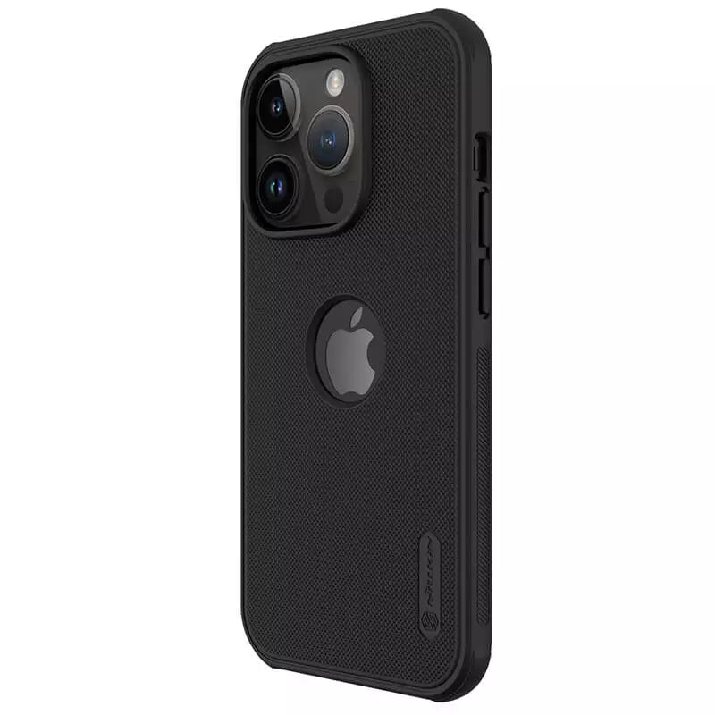 Side view of black iPhone cover for iphone 14 plus cover featuring Apple logo and tactile button covers lightweight Apple cover with matte finish.