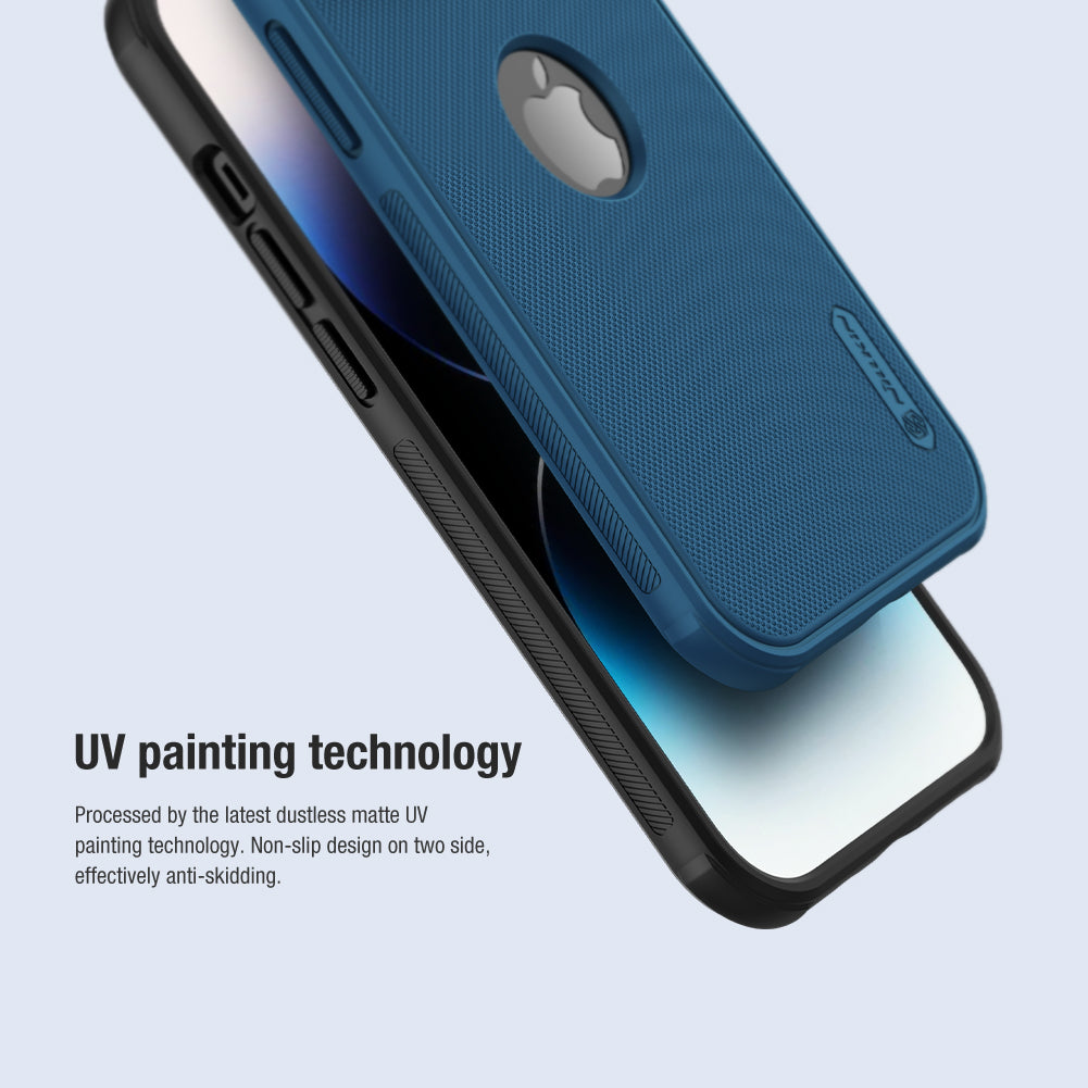 Dual color iPhone cover for iphone 14 plus cover in blue and black featuring UV painting technology for anti slip grip. Protective mobile cover for iPhone models