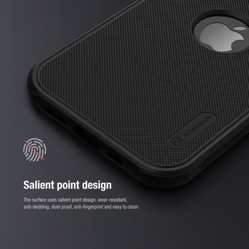 Close up of black matte iPhone cover for iphone 14 plus cover with fingerprint resistant salient point texture. Durable iPhone case offering easy maintenance