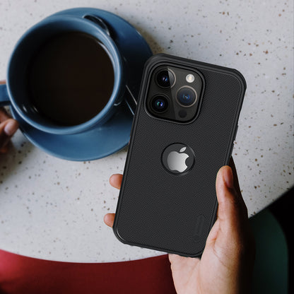  Black iPhone cover for iphone 14 plus cover held in hand beside a cup, showcasing a slim, elegant Apple cover with camera protection