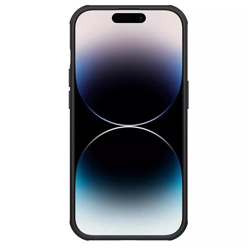 Front view of iPhone inside matte black Nillkin case showing full screen display iPhone cover for iphone 14 plus cover offering full protection.