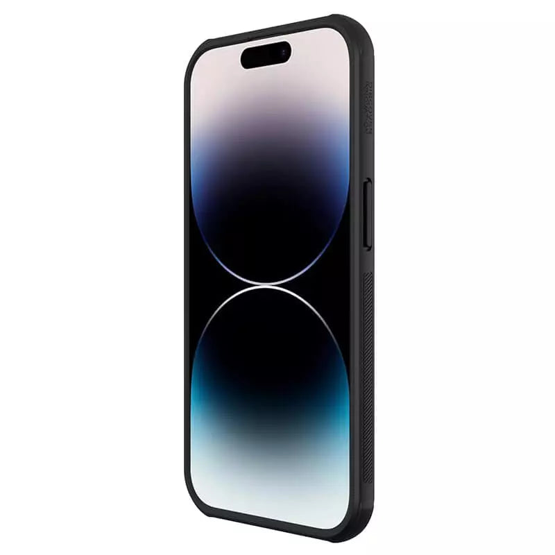 Angled front view of iPhone cases  inside the Nillkin matte black case slim profile iPhone cover with raised bezels for iphone 14 plus cover