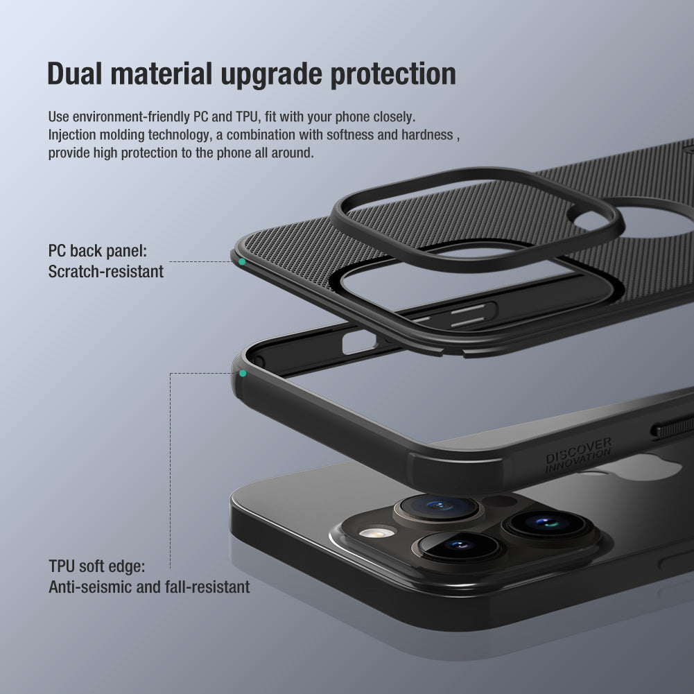 Exploded view of iphone case for iphone 14 plus cover dual material structure with PC back panel and TPU edge upgraded drop protection mobile cover.
