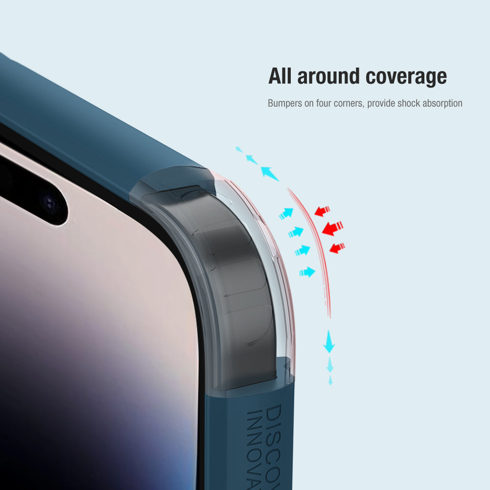 All around corner protection on blue matte iPhone cover for iphone 14 plus cover with bumper design for shock absorption. Premium Apple cover with drop resistance