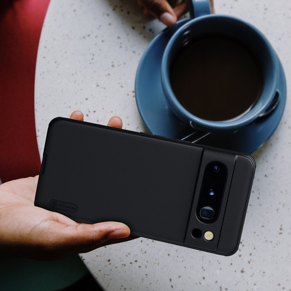  Elegant black matte finished Google Pixel 8 Pro case placed near a coffee cup, offering a premium and sophisticated touch