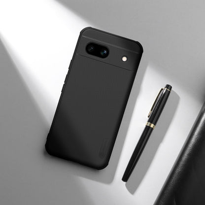 Minimalist black Google Pixel 8A case placed beside a luxury pen, offering premium protection and elegance