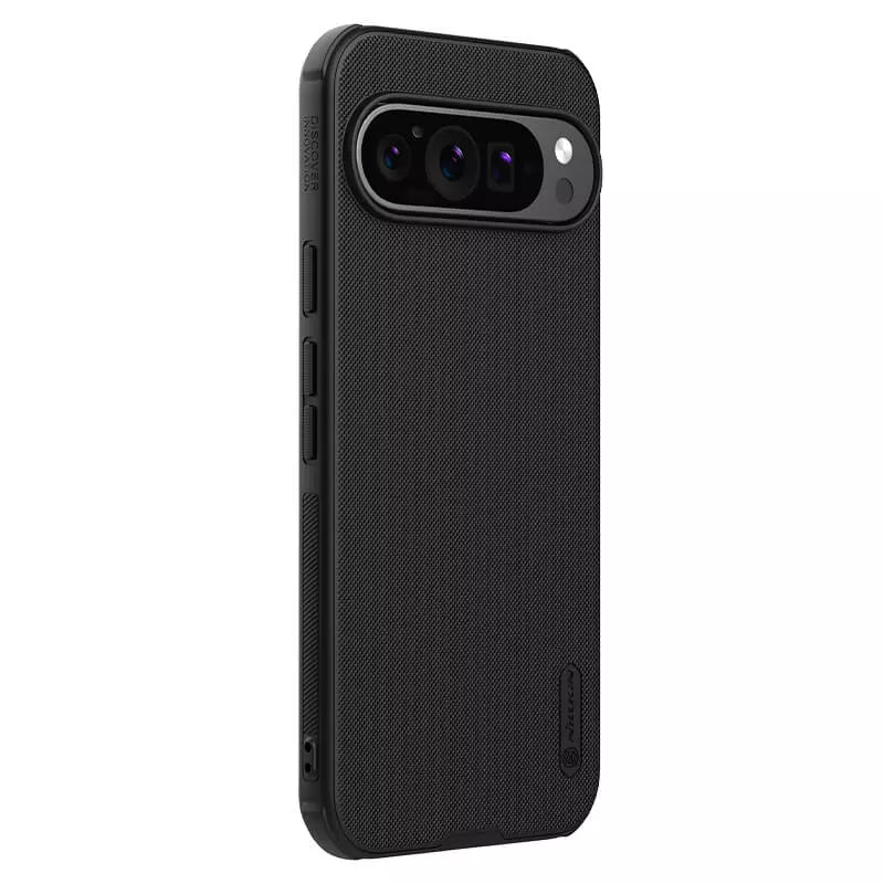 Black Google Pixel 9 pro XL mobile cover floating over a surface, showcasing its delicate texture and enhanced protection