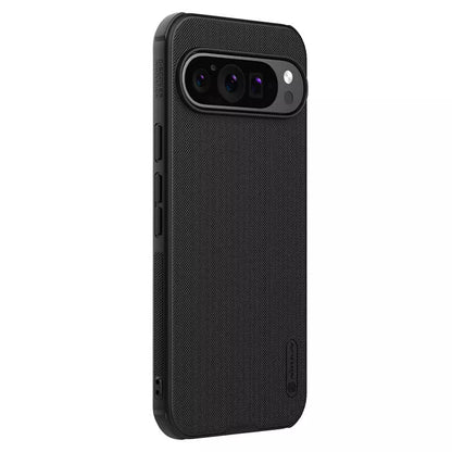 Black Google Pixel 9 pro XL mobile cover floating over a surface, showcasing its delicate texture and enhanced protection